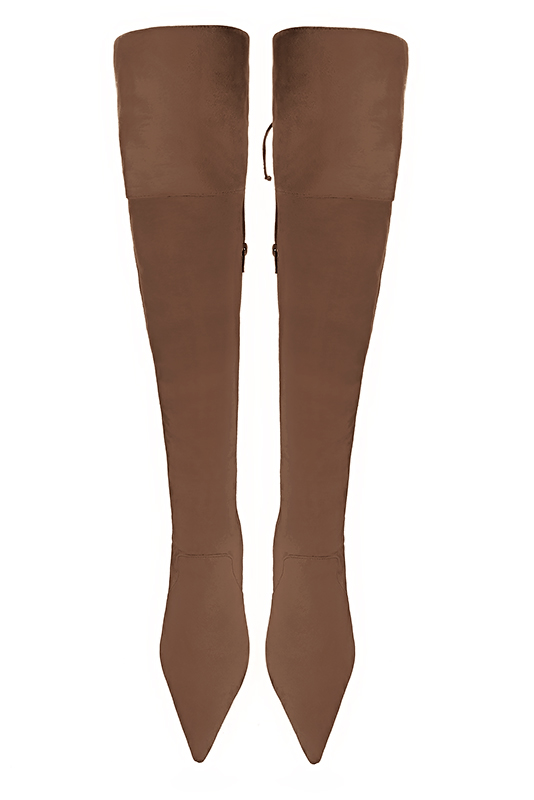 Chocolate brown women's leather thigh-high boots. Pointed toe. Very high spool heels. Made to measure. Top view - Florence KOOIJMAN